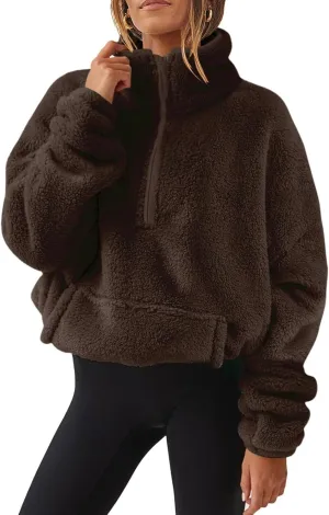 1/4 Zip Sherpa Pullover Womens Fuzzy Fleece Half Zip Pullover Oversized Zip Up Hoodie Quarter Zip Cropped Sweatshirt