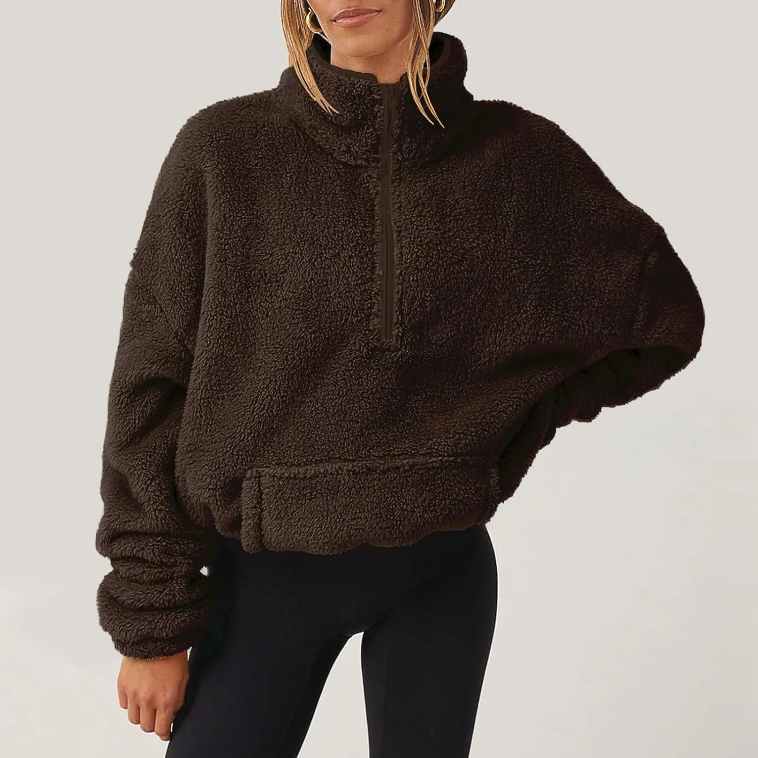1/4 Zip Sherpa Pullover Womens Fuzzy Fleece Half Zip Pullover Oversized Zip Up Hoodie Quarter Zip Cropped Sweatshirt