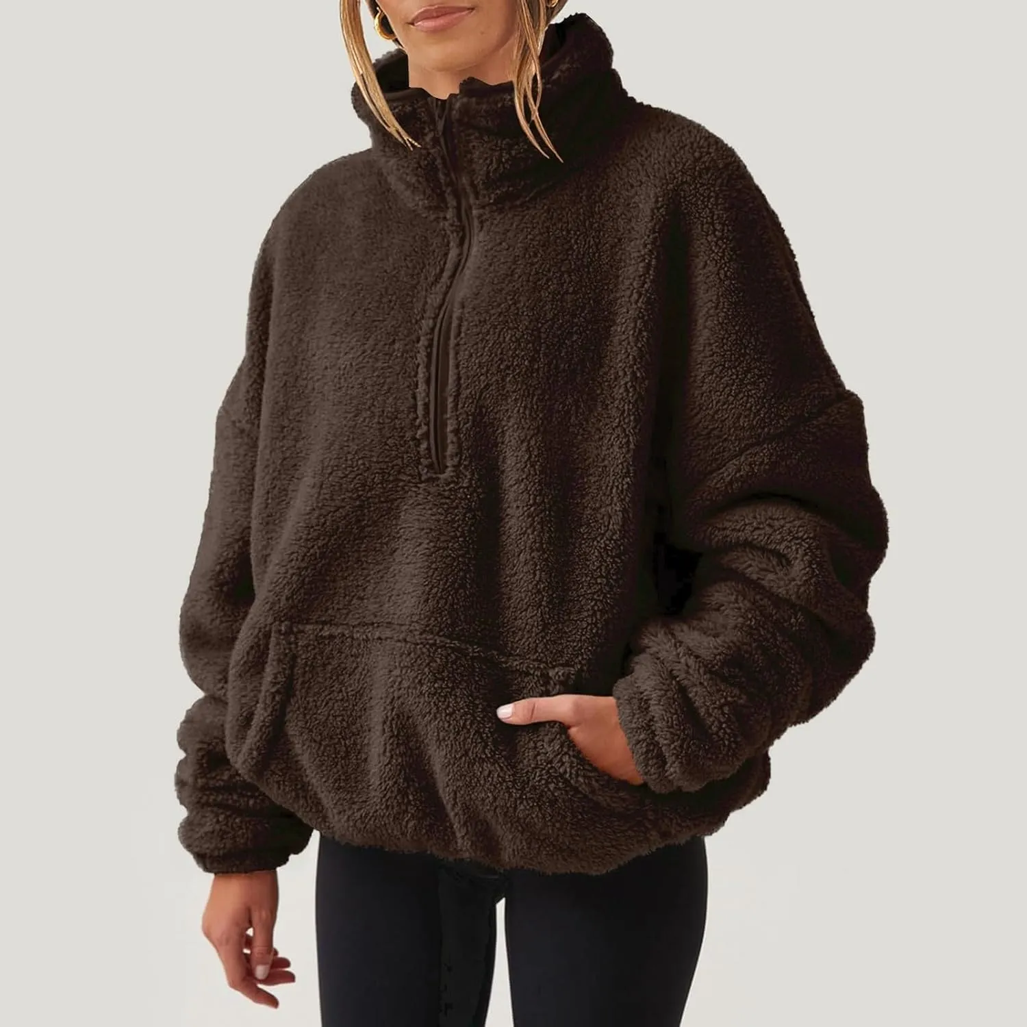 1/4 Zip Sherpa Pullover Womens Fuzzy Fleece Half Zip Pullover Oversized Zip Up Hoodie Quarter Zip Cropped Sweatshirt