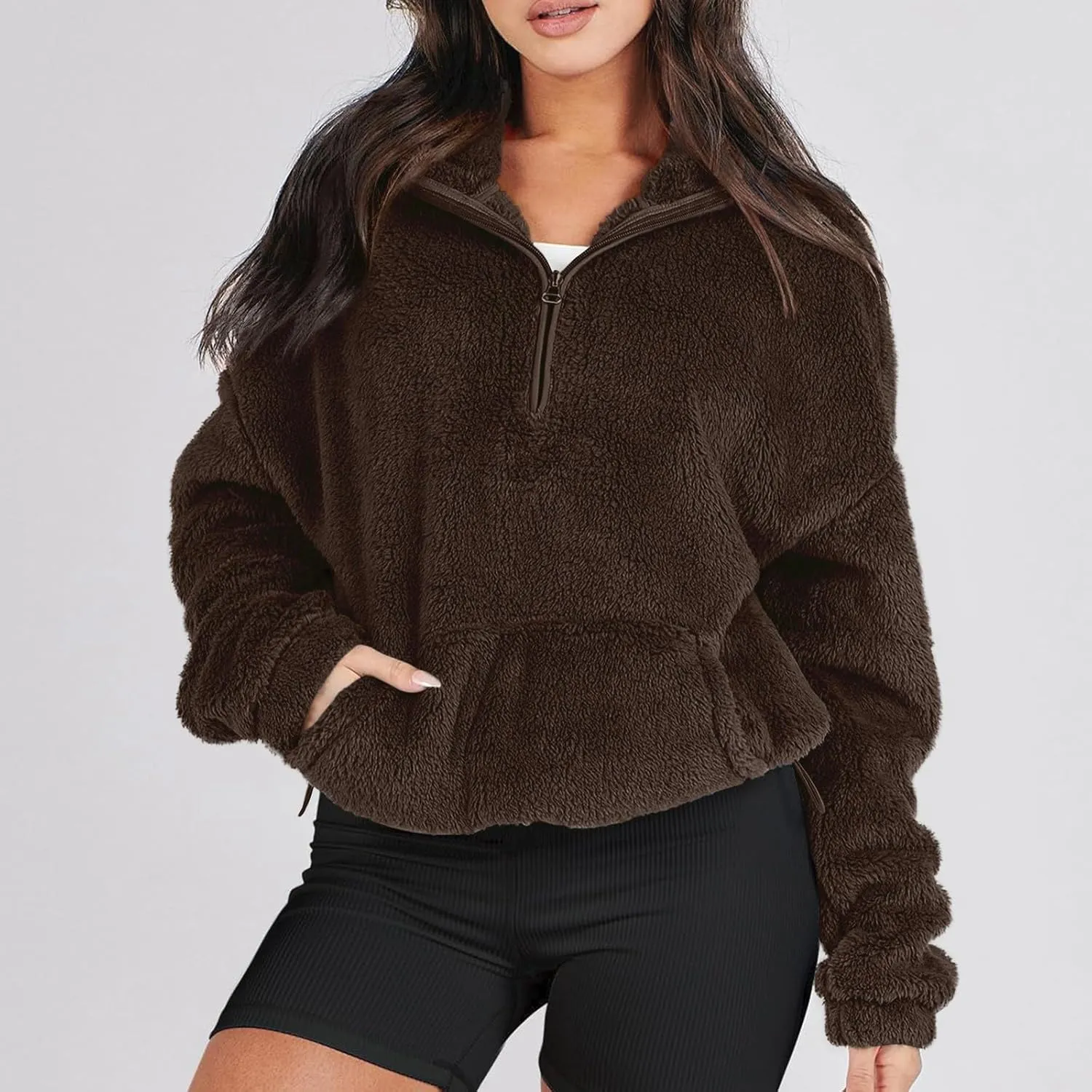 1/4 Zip Sherpa Pullover Womens Fuzzy Fleece Half Zip Pullover Oversized Zip Up Hoodie Quarter Zip Cropped Sweatshirt