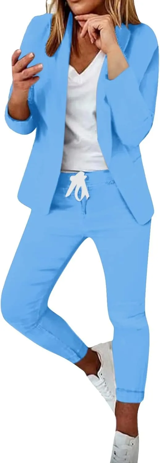 2 Piece Set for Women Office Business Suit Trousers 2 Piece Suit Slim Fit Half Sleeve Suit Long Pants Two Piece Set