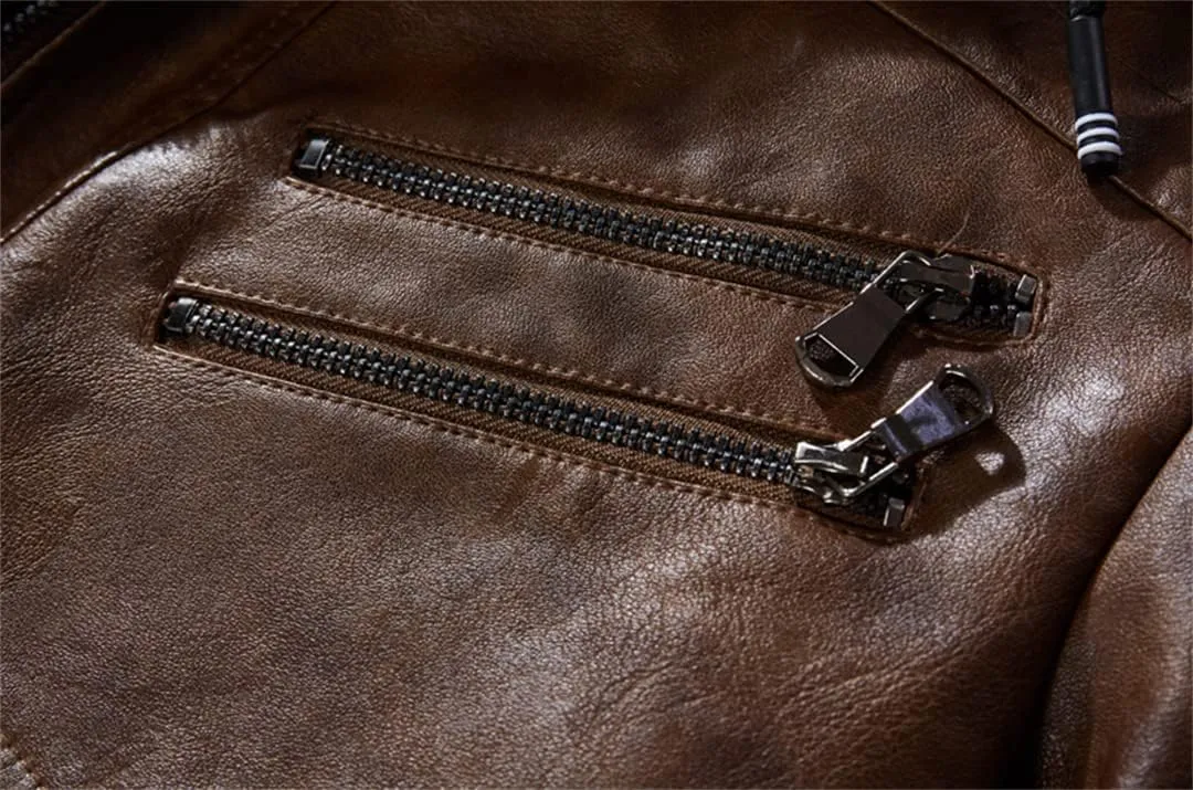Alloaone Men PU Leather Jackets Winter Comfortable Leather Jacket Hooded Leather Jacket Coat