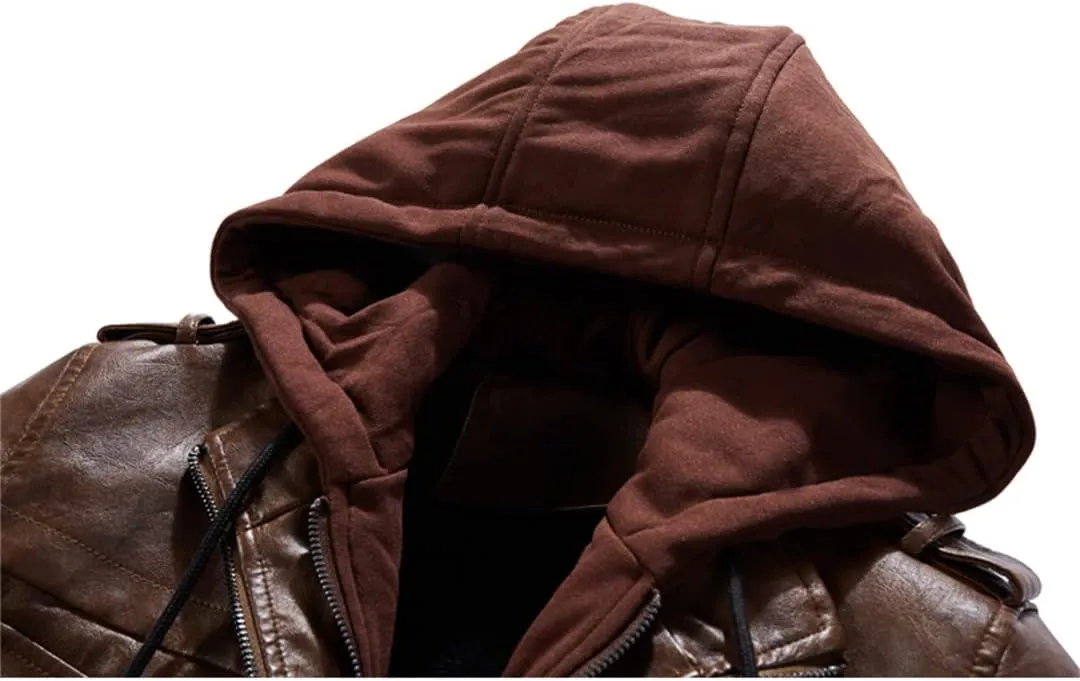 Alloaone Men PU Leather Jackets Winter Comfortable Leather Jacket Hooded Leather Jacket Coat
