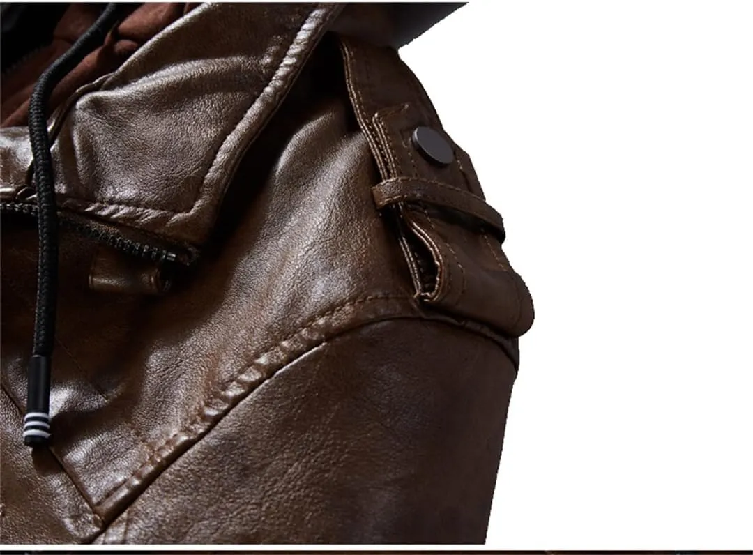 Alloaone Men PU Leather Jackets Winter Comfortable Leather Jacket Hooded Leather Jacket Coat