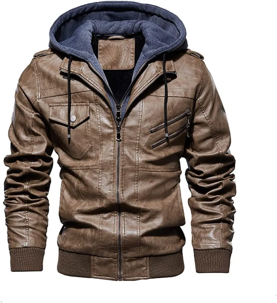 Alloaone Men PU Leather Jackets Winter Comfortable Leather Jacket Hooded Leather Jacket Coat