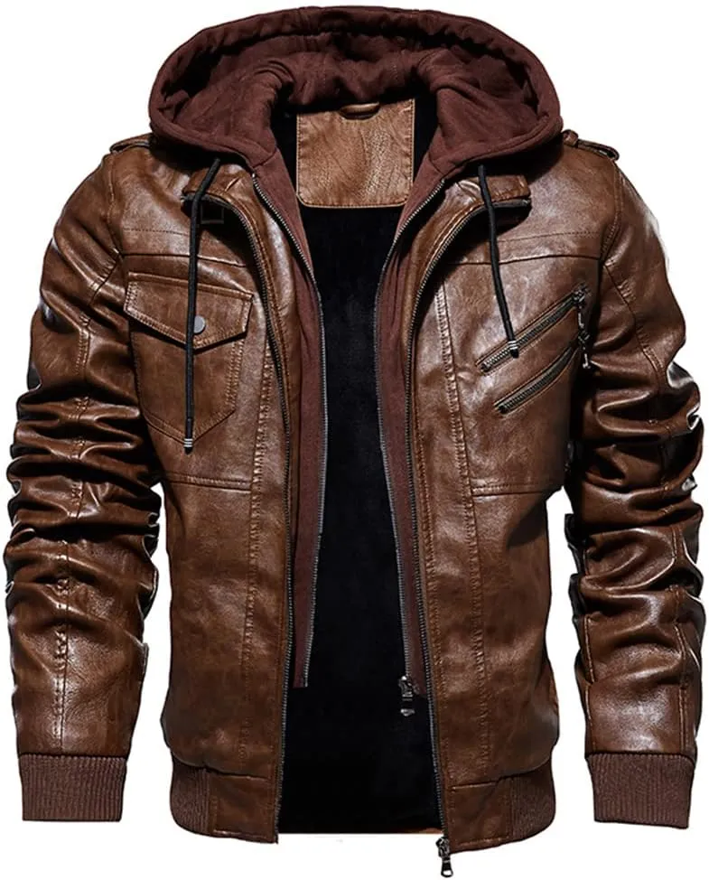Alloaone Men PU Leather Jackets Winter Comfortable Leather Jacket Hooded Leather Jacket Coat