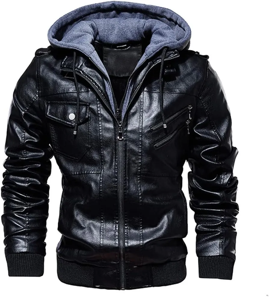 Alloaone Men PU Leather Jackets Winter Comfortable Leather Jacket Hooded Leather Jacket Coat