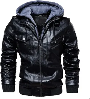 Alloaone Men PU Leather Jackets Winter Comfortable Leather Jacket Hooded Leather Jacket Coat