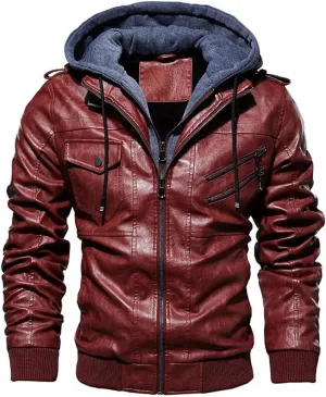 Alloaone Men PU Leather Jackets Winter Comfortable Leather Jacket Hooded Leather Jacket Coat