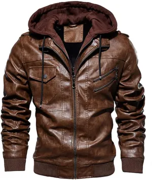 Alloaone Men PU Leather Jackets Winter Comfortable Leather Jacket Hooded Leather Jacket Coat