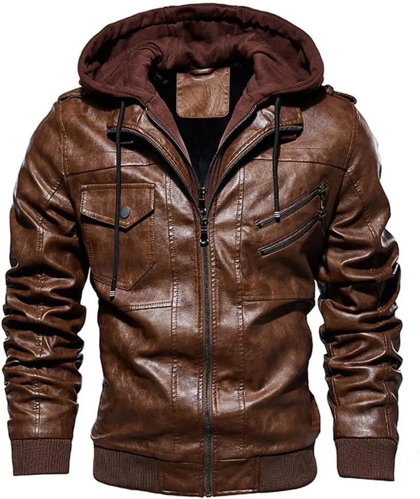 Alloaone Men PU Leather Jackets Winter Comfortable Leather Jacket Hooded Leather Jacket Coat