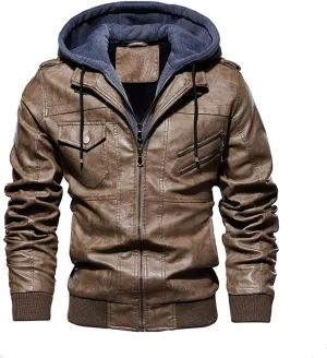 Alloaone Men PU Leather Jackets Winter Comfortable Leather Jacket Hooded Leather Jacket Coat