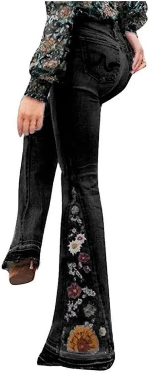 Bell Bottom Jeans Women Floral Embroidered Jeans Stretch High Waisted Flare Jean Button Fly Y2K Wide Leg Denim Pants