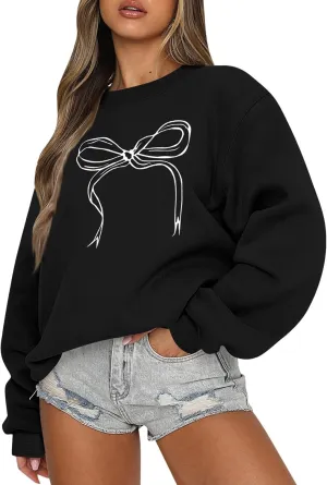 Bow Print Crewneck Sweatshirts Women Baggy Comfy Casual Fleece Oversized Sweatshirts Trendy Valentines Pullover Tops