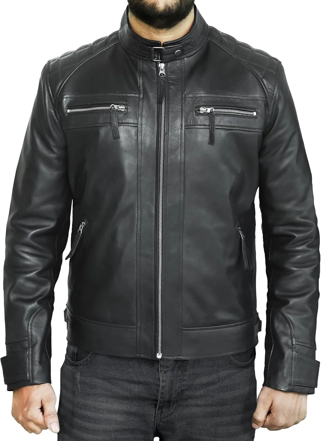 Cafe Racer Distressed Mens Lambskin Leather Jacket - Genuine Men Leather Jacket - Mens Leather Biker Jacket