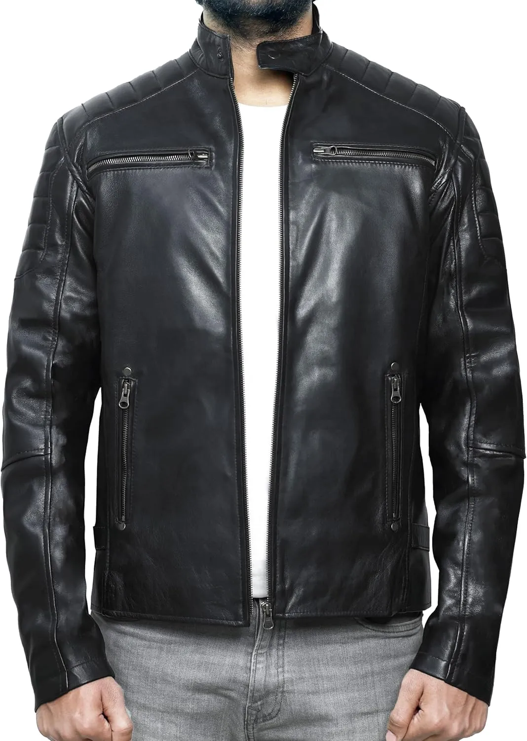 Cafe Racer Distressed Mens Lambskin Leather Jacket - Genuine Men Leather Jacket - Mens Leather Biker Jacket