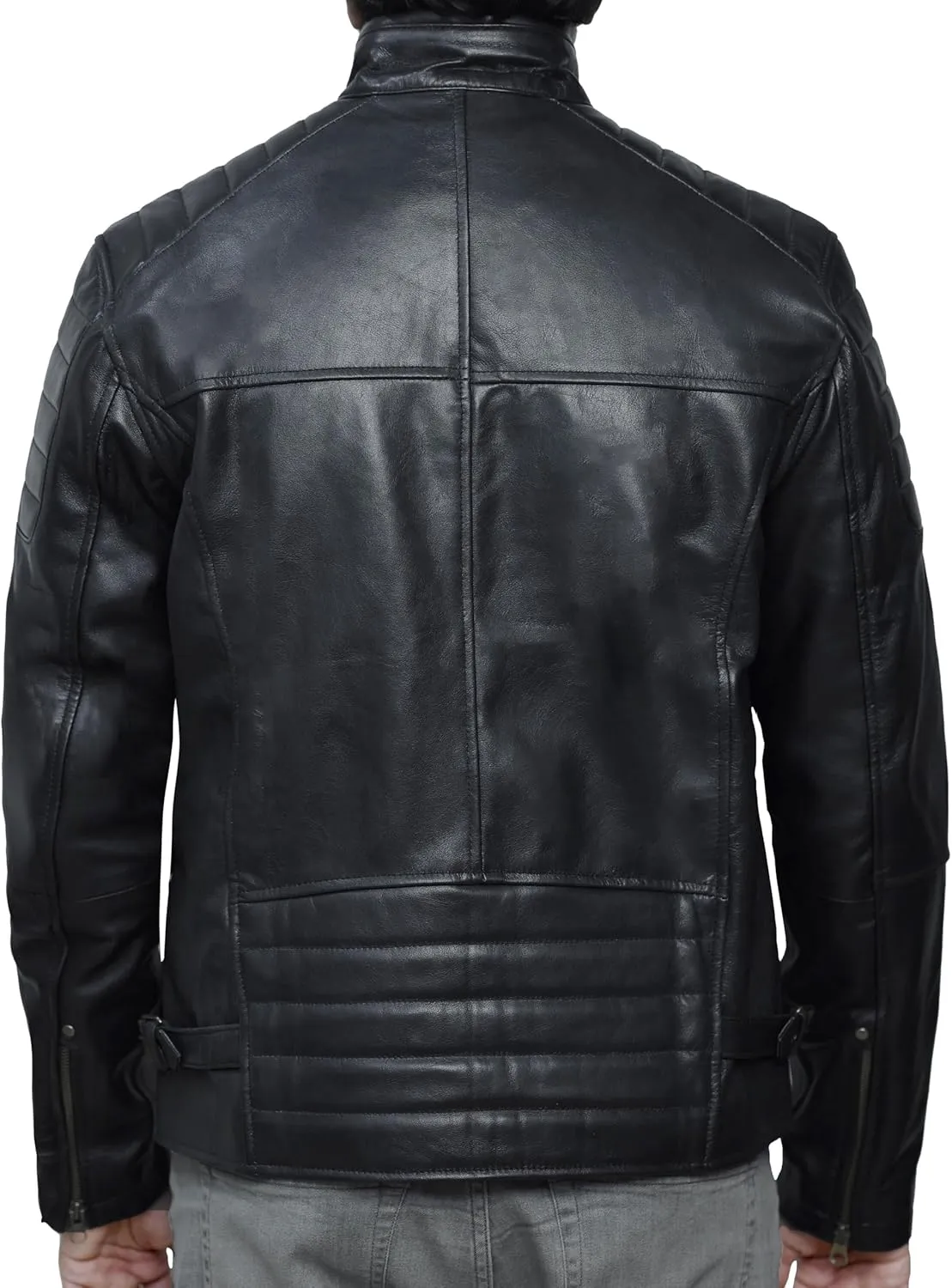 Cafe Racer Distressed Mens Lambskin Leather Jacket - Genuine Men Leather Jacket - Mens Leather Biker Jacket
