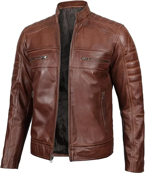 Cafe Racer Distressed Mens Lambskin Leather Jacket - Genuine Men Leather Jacket - Mens Leather Biker Jacket