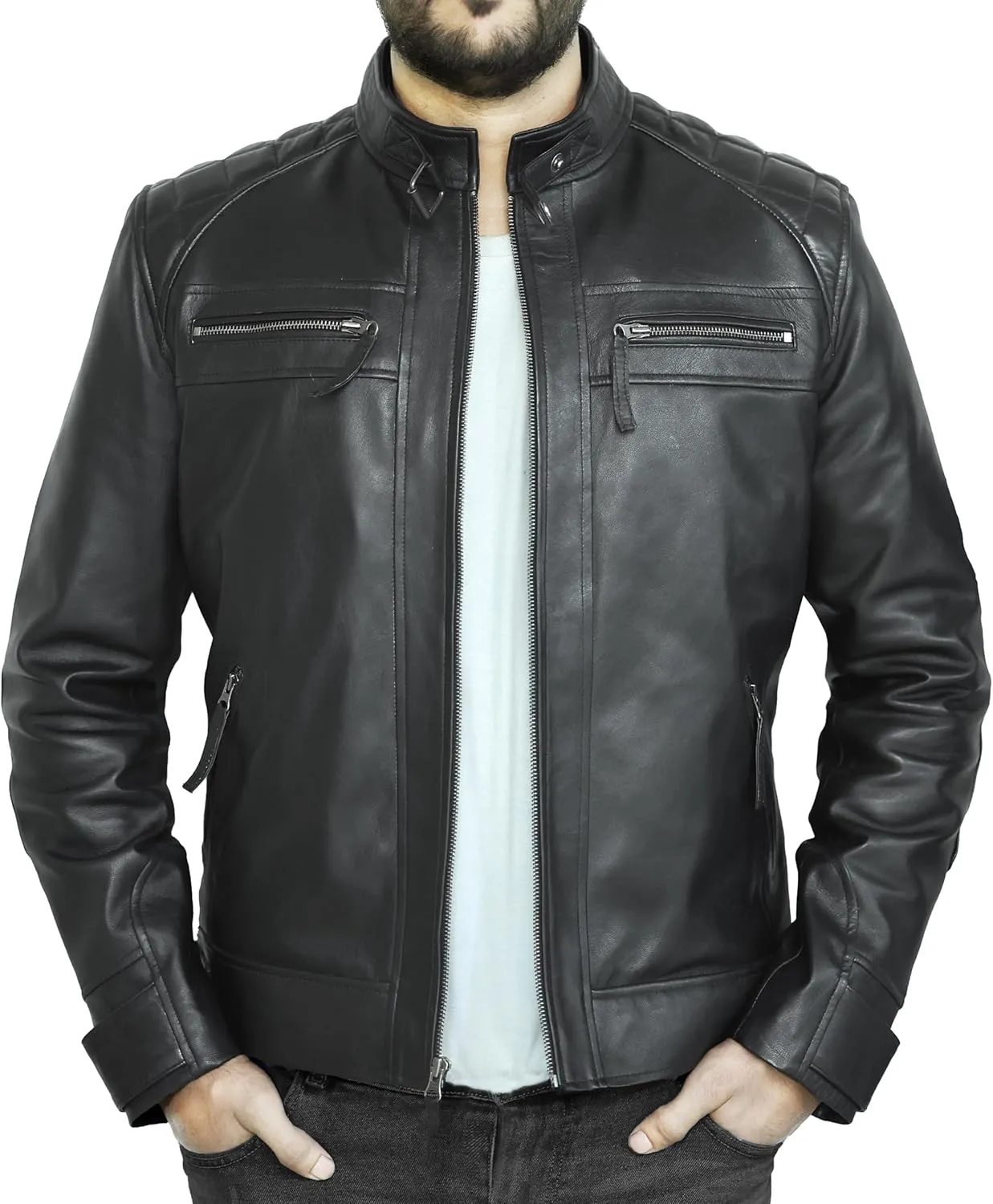 Cafe Racer Distressed Mens Lambskin Leather Jacket - Genuine Men Leather Jacket - Mens Leather Biker Jacket