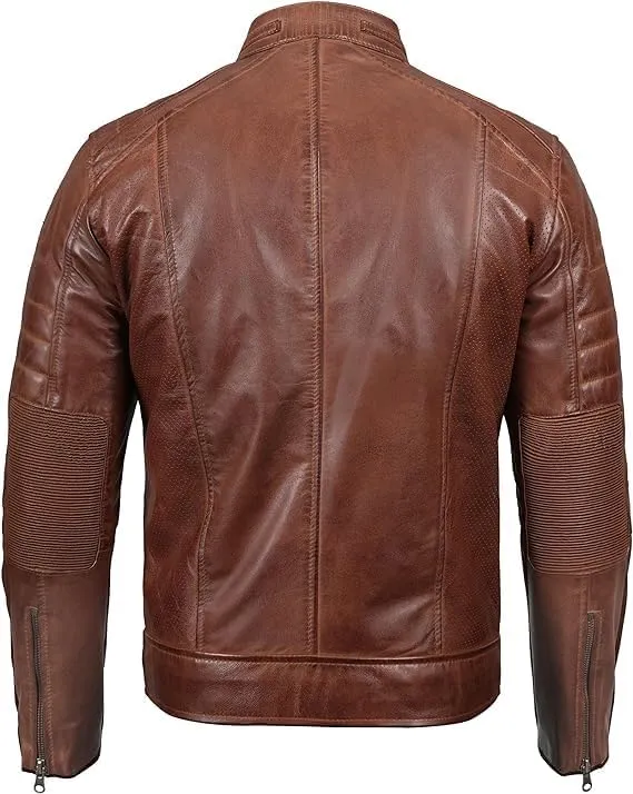 Cafe Racer Distressed Mens Lambskin Leather Jacket - Genuine Men Leather Jacket - Mens Leather Biker Jacket