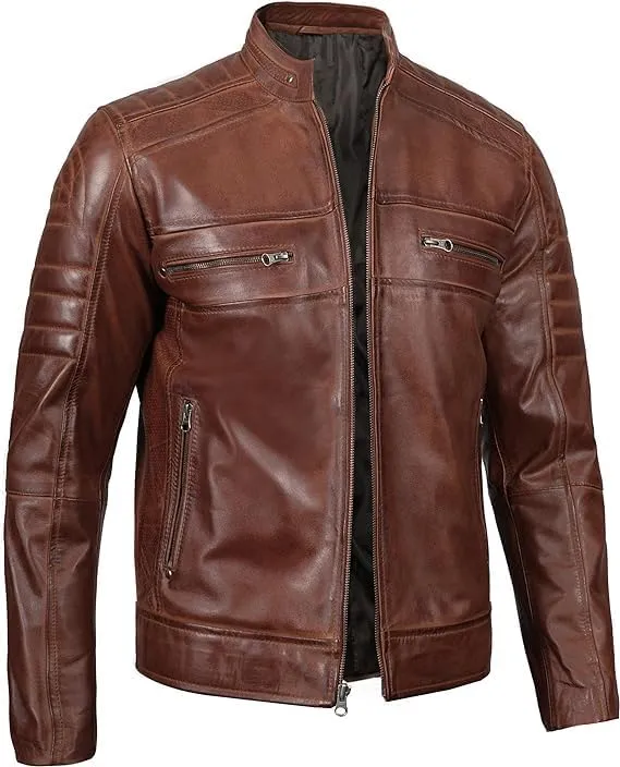 Cafe Racer Distressed Mens Lambskin Leather Jacket - Genuine Men Leather Jacket - Mens Leather Biker Jacket