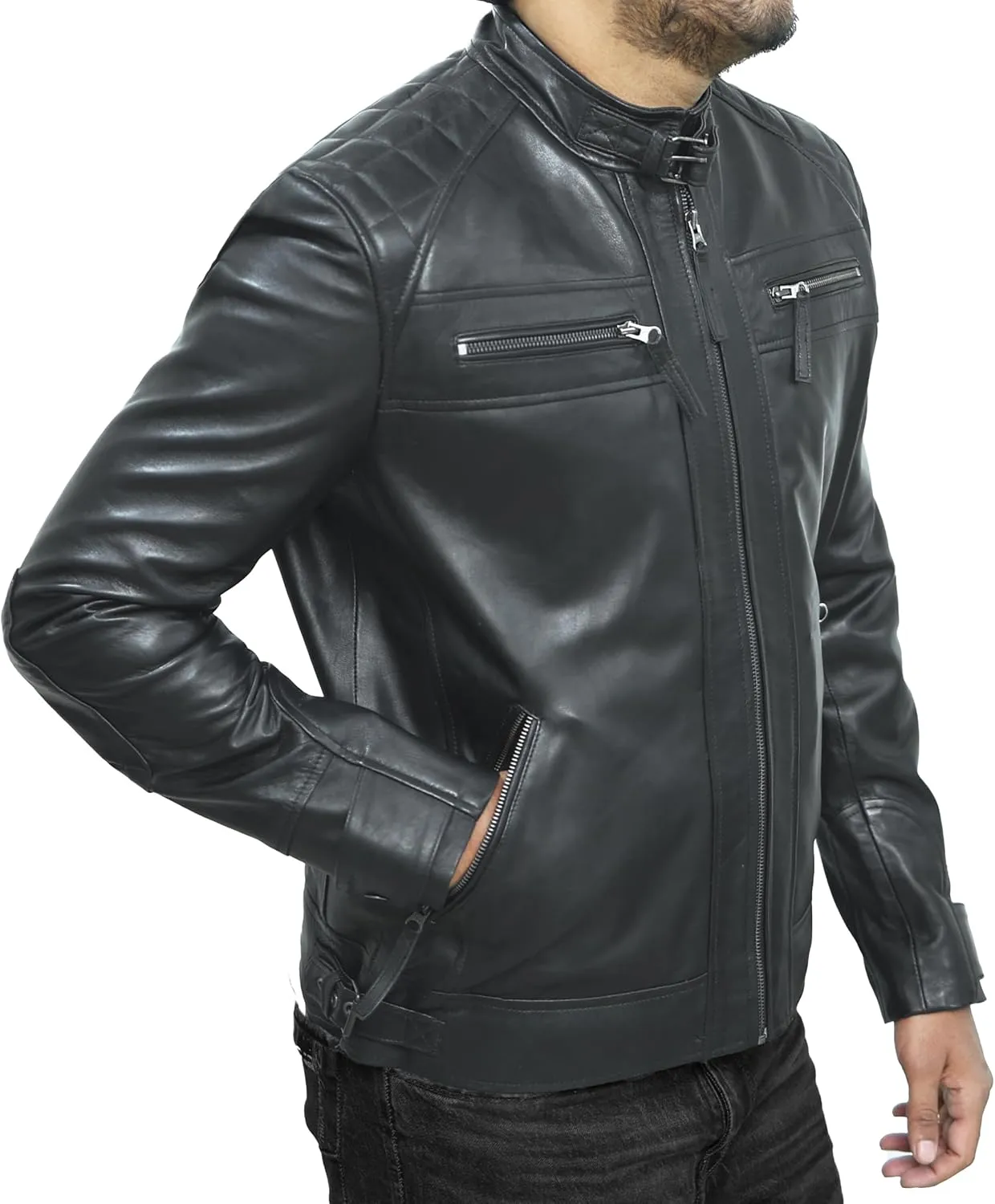 Cafe Racer Distressed Mens Lambskin Leather Jacket - Genuine Men Leather Jacket - Mens Leather Biker Jacket