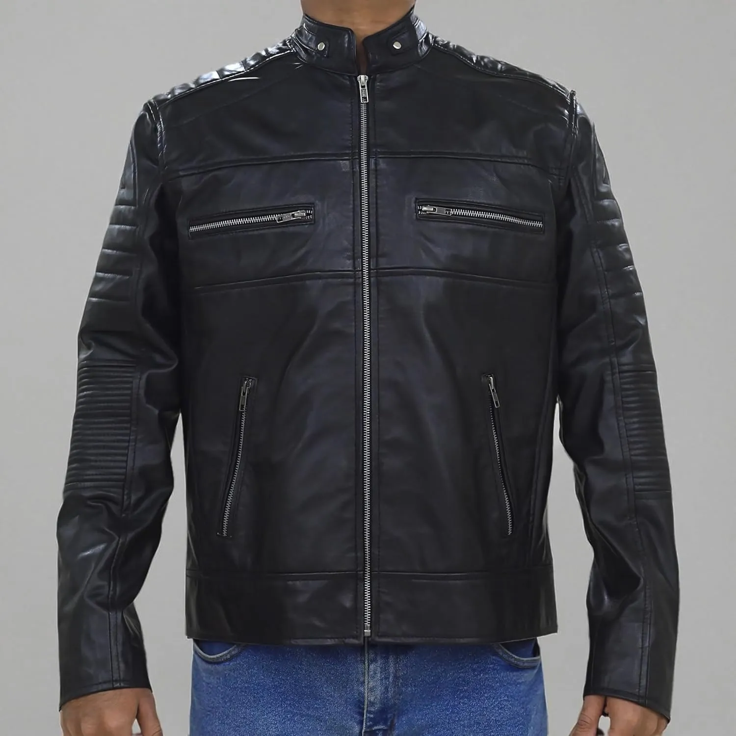 Cafe Racer Distressed Mens Lambskin Leather Jacket - Genuine Men Leather Jacket - Mens Leather Biker Jacket