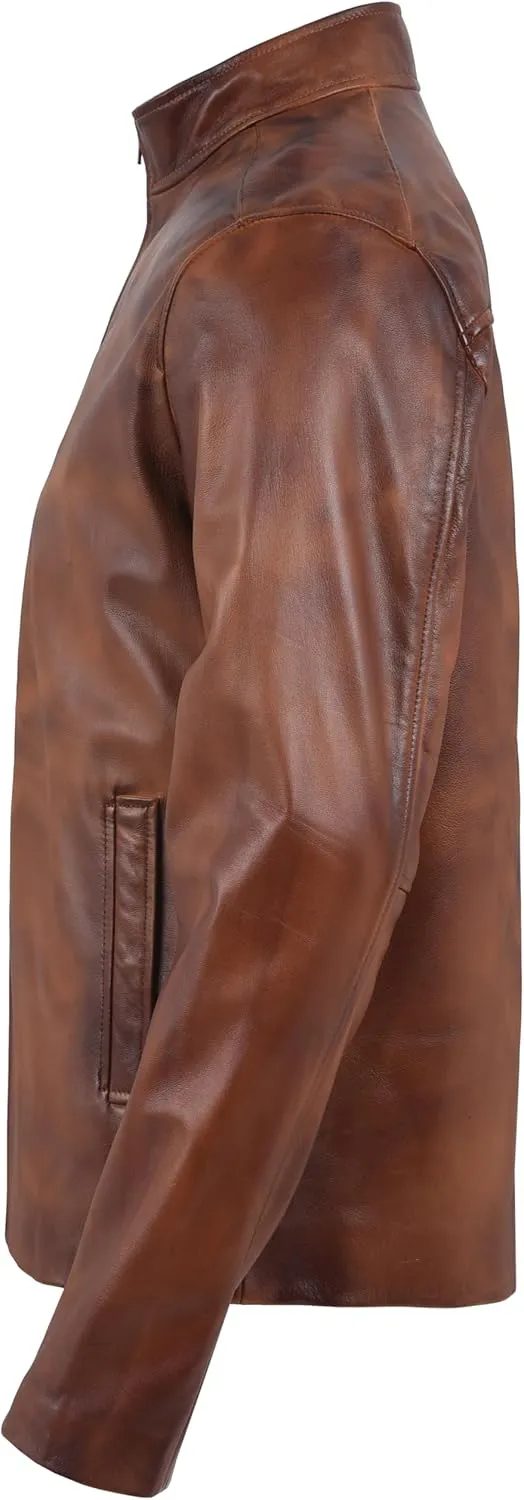 Cafe Racer Distressed Mens Lambskin Leather Jacket - Genuine Men Leather Jacket - Mens Leather Biker Jacket