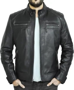 Cafe Racer Distressed Mens Lambskin Leather Jacket - Genuine Men Leather Jacket - Mens Leather Biker Jacket