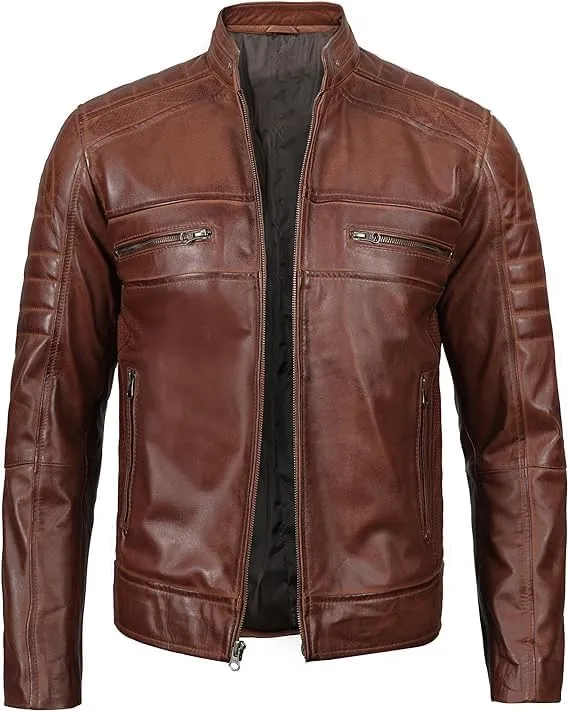 Cafe Racer Distressed Mens Lambskin Leather Jacket - Genuine Men Leather Jacket - Mens Leather Biker Jacket