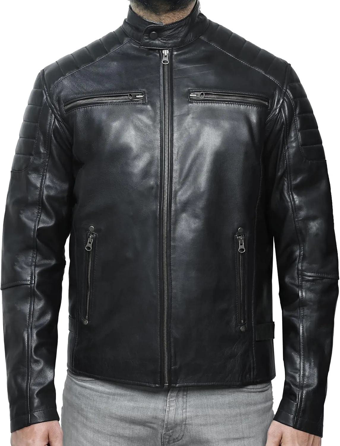 Cafe Racer Distressed Mens Lambskin Leather Jacket - Genuine Men Leather Jacket - Mens Leather Biker Jacket