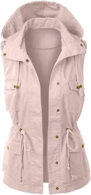 Canbebig Womens Hooded Vest Jacke Casual Military Utility Sleeveless Coat Lightweight Drawstring Hoodies Jacket with Pockets