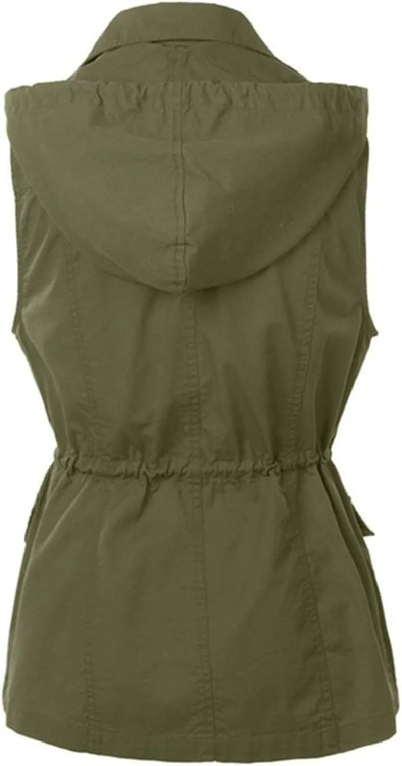 Canbebig Womens Hooded Vest Jacke Casual Military Utility Sleeveless Coat Lightweight Drawstring Hoodies Jacket with Pockets