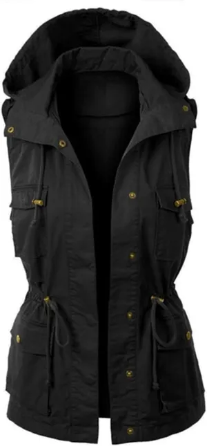Canbebig Womens Hooded Vest Jacke Casual Military Utility Sleeveless Coat Lightweight Drawstring Hoodies Jacket with Pockets