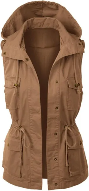 Canbebig Womens Hooded Vest Jacke Casual Military Utility Sleeveless Coat Lightweight Drawstring Hoodies Jacket with Pockets