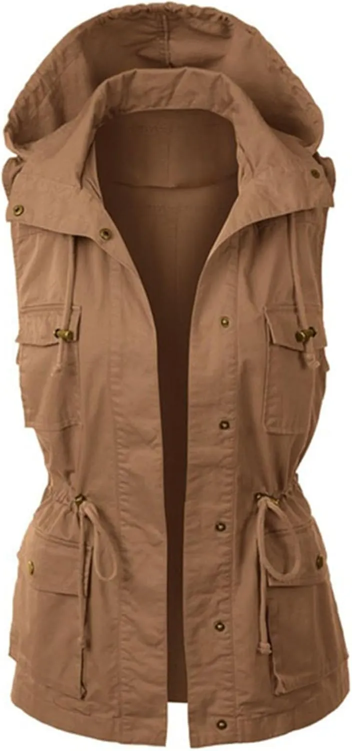 Canbebig Womens Hooded Vest Jacke Casual Military Utility Sleeveless Coat Lightweight Drawstring Hoodies Jacket with Pockets