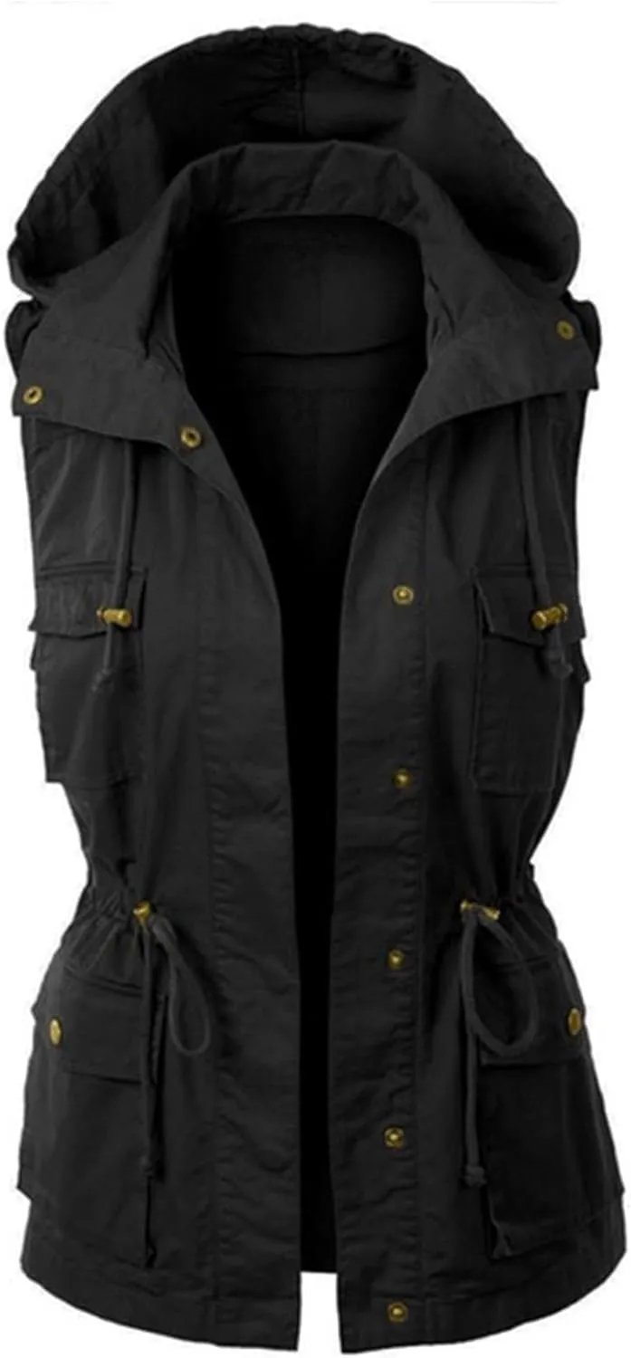 Canbebig Womens Hooded Vest Jacke Casual Military Utility Sleeveless Coat Lightweight Drawstring Hoodies Jacket with Pockets