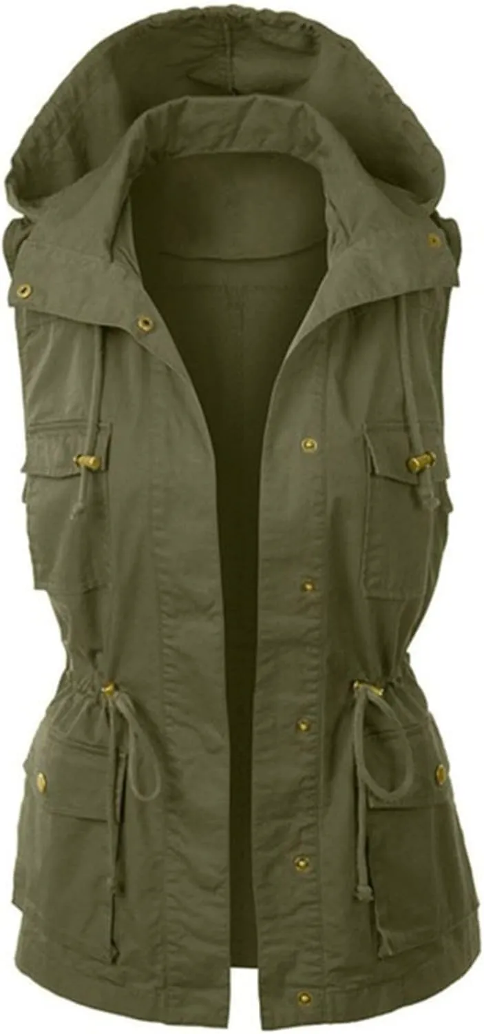 Canbebig Womens Hooded Vest Jacke Casual Military Utility Sleeveless Coat Lightweight Drawstring Hoodies Jacket with Pockets
