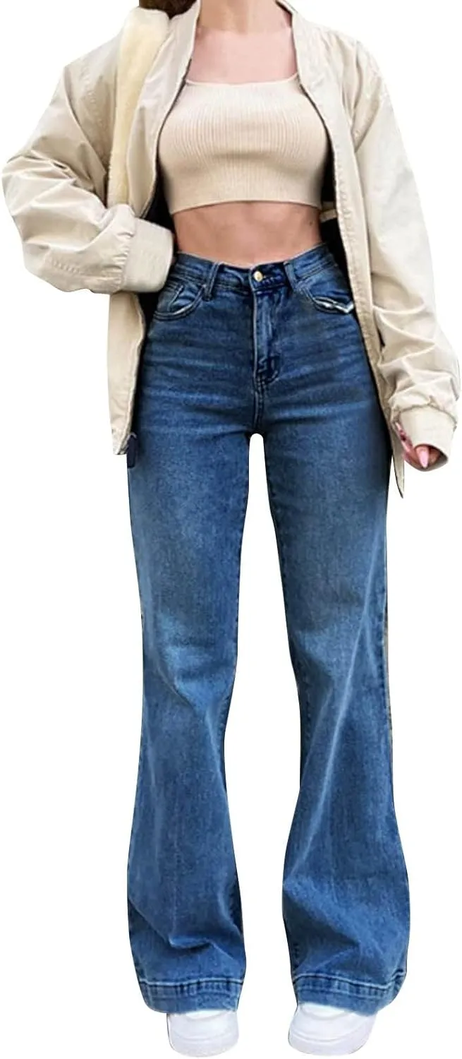 Cargo Jeans for Women High Waisted Wide Leg Jeans with Flap Pocket Y2K Womens Jeans Skinny Stretch Denim Pants Jeans