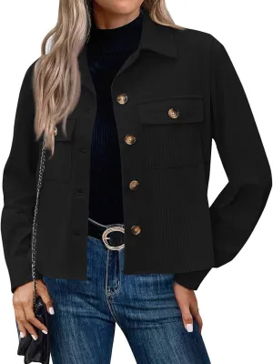 Corduroy Jacket Women Trendy Button Down Shacket Cropped Jacket Soft Long Sleeve Fall Outerwear with Pockets