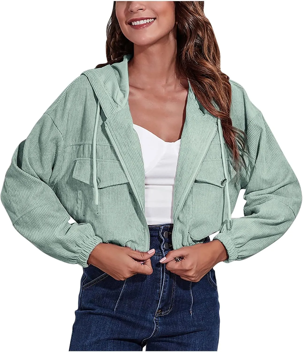 Cropped Corduroy Hooded Jacket for Women Teen Girls,Long Sleeve Drop Shoulder Zip Up Hoodies Solid Loose Fit Sweatshirts