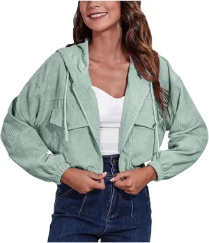 Cropped Corduroy Hooded Jacket for Women Teen Girls,Long Sleeve Drop Shoulder Zip Up Hoodies Solid Loose Fit Sweatshirts