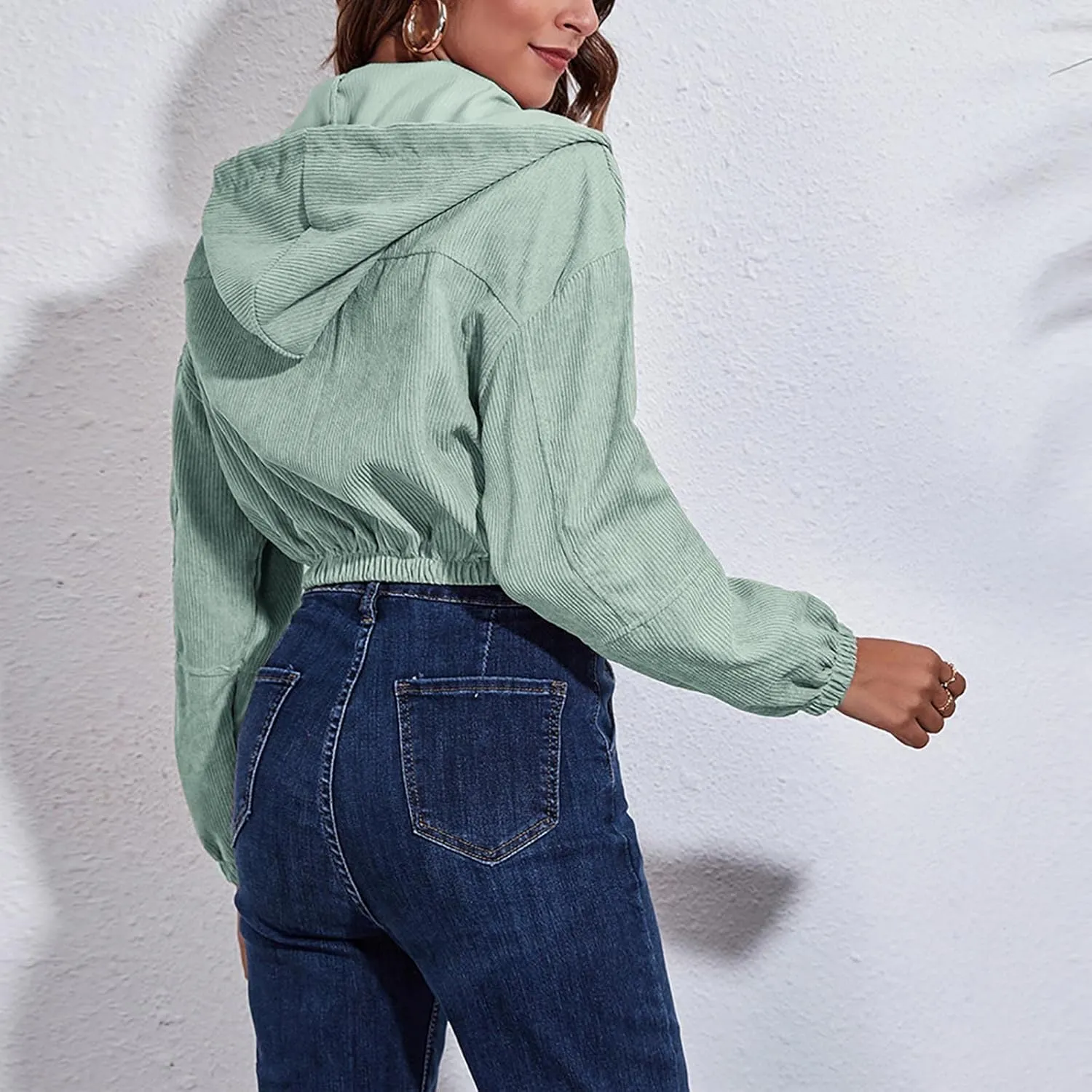 Cropped Corduroy Hooded Jacket for Women Teen Girls,Long Sleeve Drop Shoulder Zip Up Hoodies Solid Loose Fit Sweatshirts