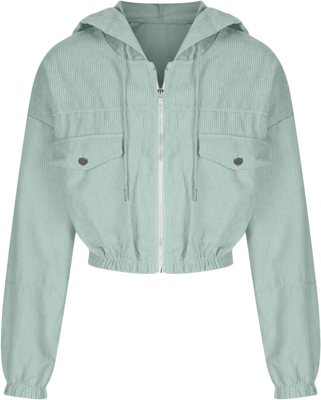 Cropped Corduroy Hooded Jacket for Women Teen Girls,Long Sleeve Drop Shoulder Zip Up Hoodies Solid Loose Fit Sweatshirts