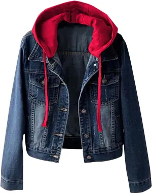 Denim Jacket for Women, Trendy Drawstring Detachable Hooded Jean Jackets Lightweight Casual Vintage Trucker Jackets Coat