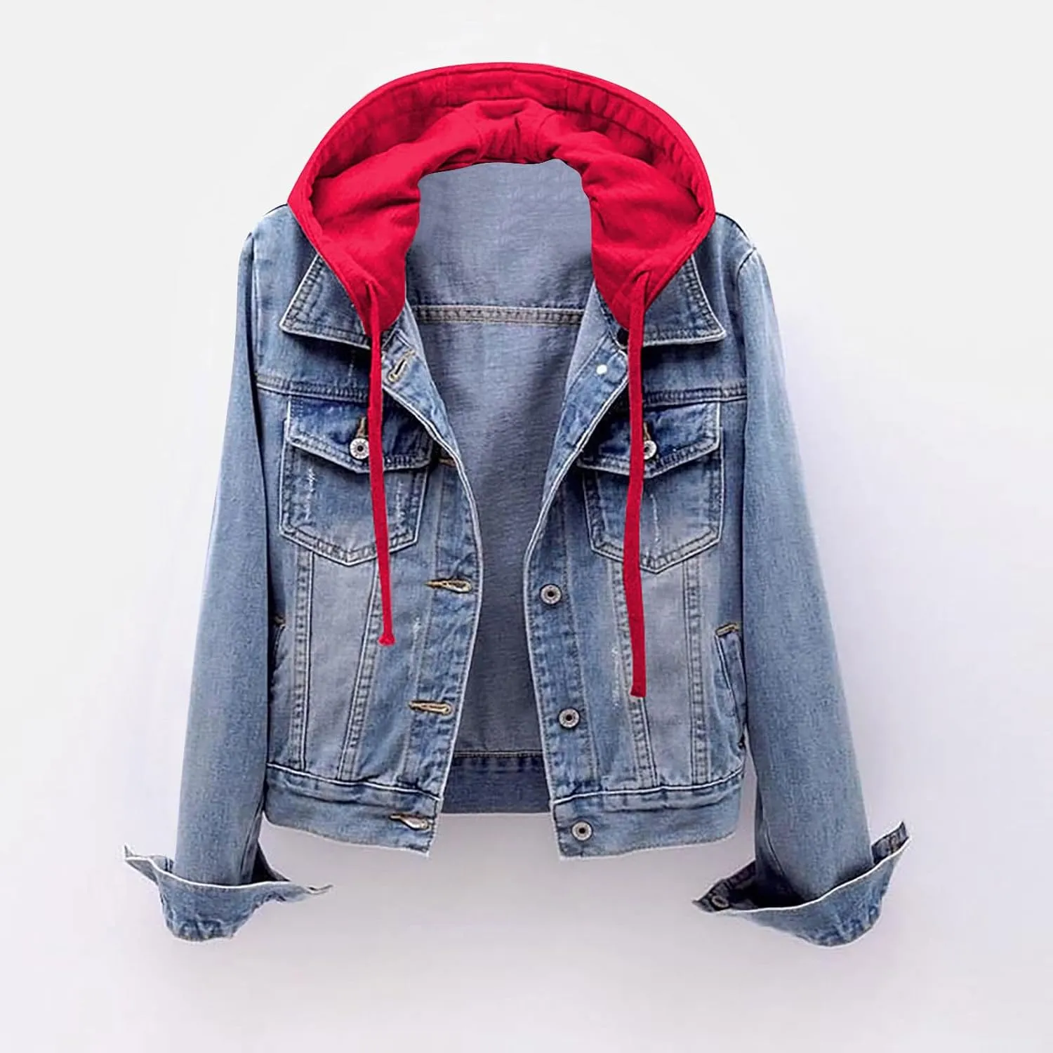 Denim Jacket for Women, Trendy Drawstring Detachable Hooded Jean Jackets Lightweight Casual Vintage Trucker Jackets Coat