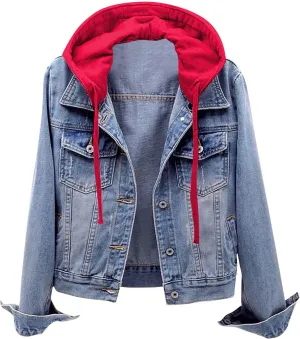 Denim Jacket for Women, Trendy Drawstring Detachable Hooded Jean Jackets Lightweight Casual Vintage Trucker Jackets Coat