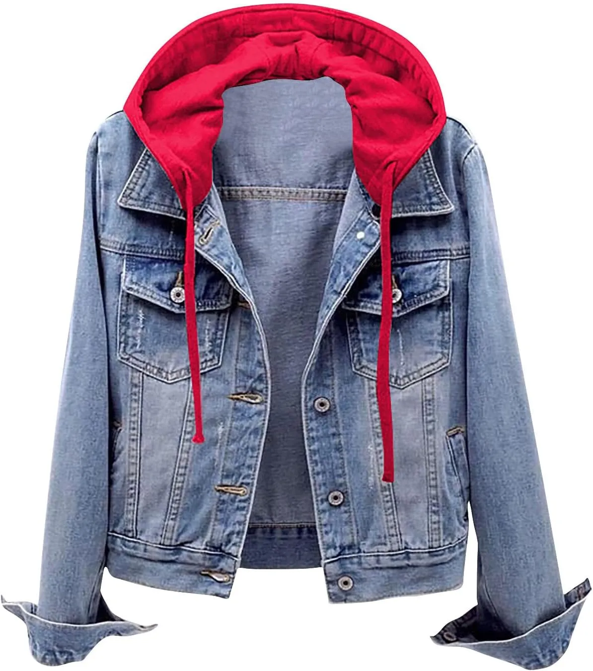 Denim Jacket for Women, Trendy Drawstring Detachable Hooded Jean Jackets Lightweight Casual Vintage Trucker Jackets Coat