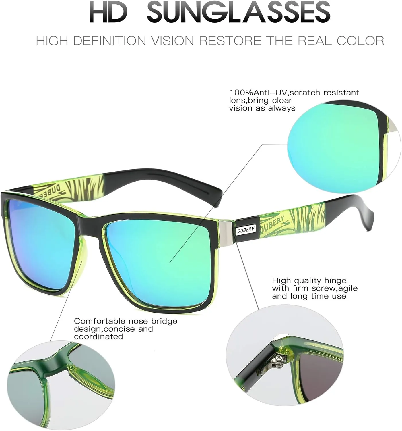DUBERY Vintage Polarized Sunglasses for Men Women Retro Square Sun Glasses D518