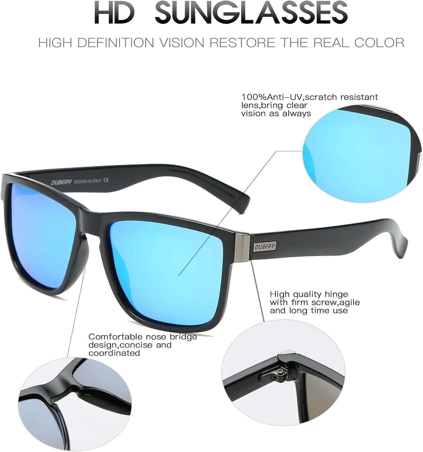 DUBERY Vintage Polarized Sunglasses for Men Women Retro Square Sun Glasses D518